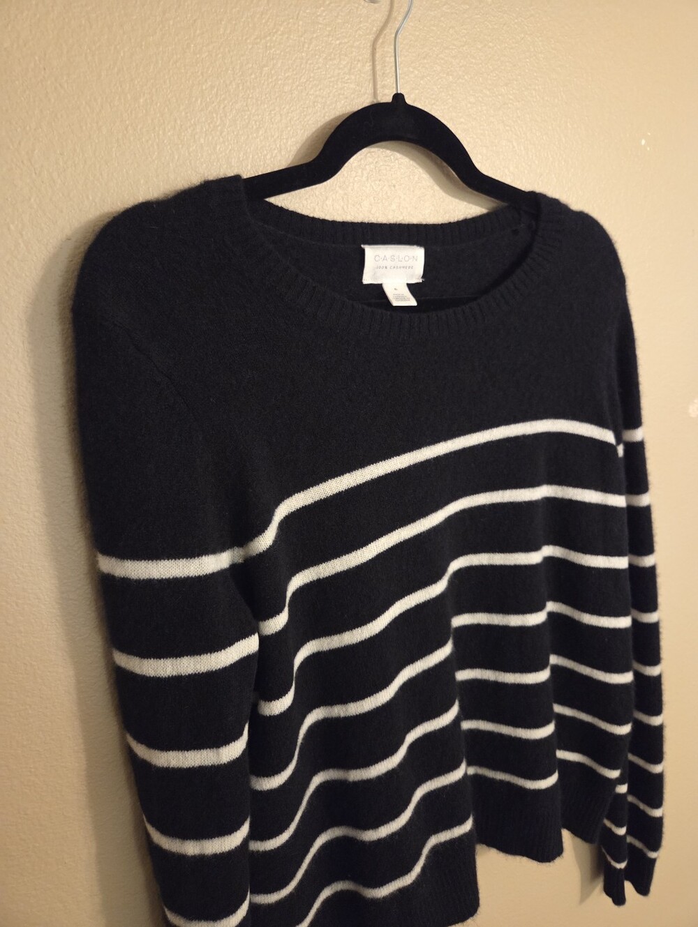 CASLON Black White Striped 100% Cashmere Crewneck Sweater Women's Size XL - Picture 5 of 13